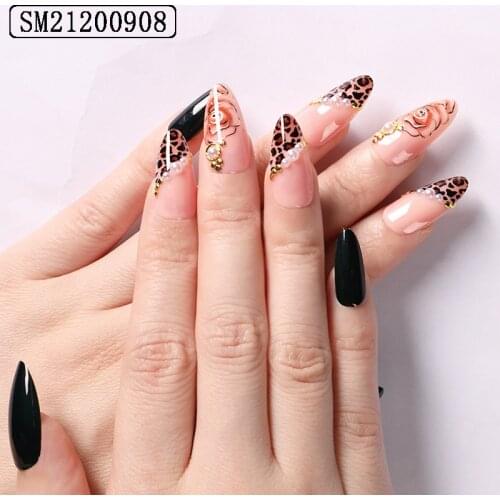 24 Pcs Leopard Design Ballet Pointed Fake Nails Nail Powder Nail Art Decoration Matte Press On False Nail Tips Manicure Nail Art
