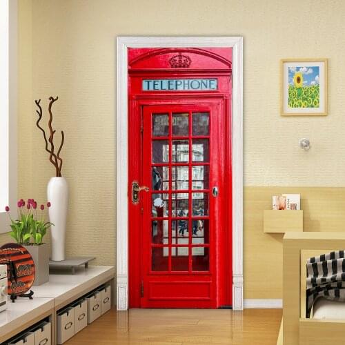 3D Telephone Booth Door Stickers Interesting Pattern Decor Door Mural Removable Vinyl Door Wallpaper for Home Bedroom Decoration