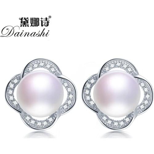 Dainashi 100% Genuine Natural Freshwater Pearl Stud Earrings High Quality 925 Sterling Silver Zircon Cross Earrings for Women