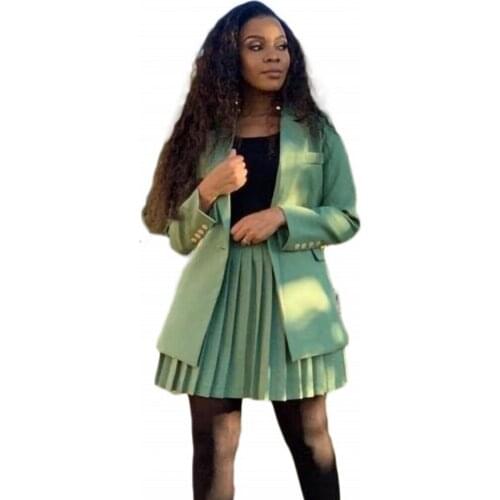 Women 2 Pieces Suit Skirt Solid Color Turndown Collar Long Sleeve And Mini Pleated Skirts Suits 2021 Female Office Ladies New