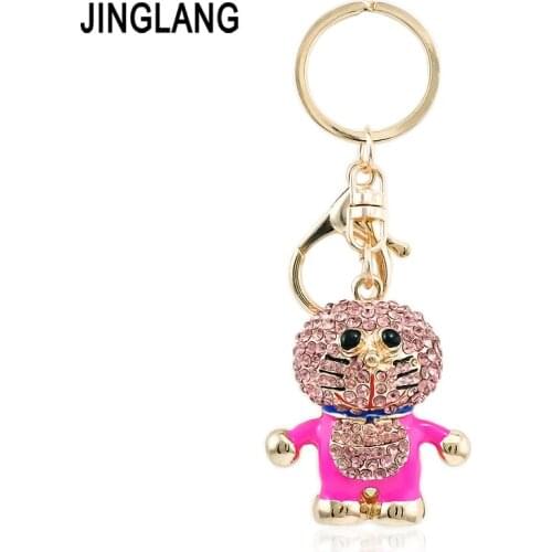 JINGLANG Fashion Gold Color Metal Lobster Clasp Keyring Dangle Crystal Enamel Animal Cat Keychains For Women Luxury Jewelry