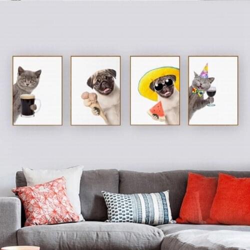 Cute Pug Dog And Cat Canvas Painting Wall Art Funny Animals Hold Winebowl Poster Prints Pictures For Living Room Home Wall Decor