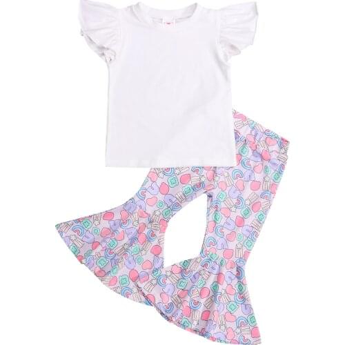 2Pcs Newborn Toddler Baby Girl Clothes Set Summer Outfits Fly Sleeve Solid Color T-Shirt + Cartoon Flare Pants Infant Clothing