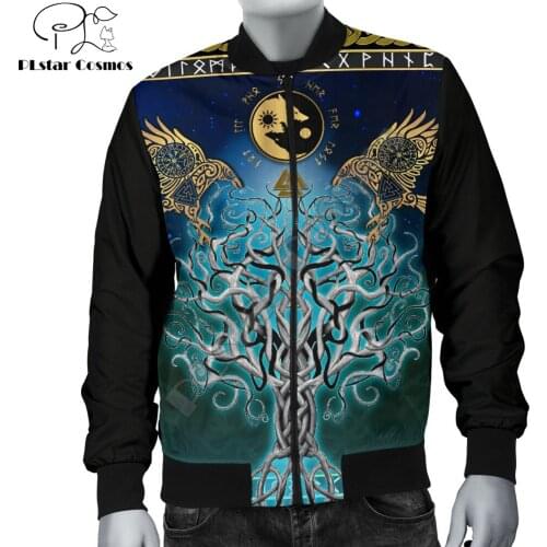 Viking Men Bomber Jacket Tree Of Life Fenrir And Raven Rune Printed 3d Zip Tracksuits coat Unisex Casual Zipper Jacket WP11