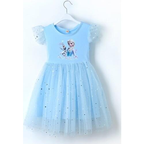 Summer Kids Dresses for Girls Vestidos Frozen Elsa Lace Mesh Princess Costume Party Birthday Little Children Evening Dress