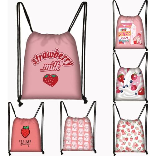 Harajuku Kawaii Strawberry Milk Backpack Women Shoulder Bag Lolita Girls Storage bags for Travel E-Girl Drawstring Bag Bookbag