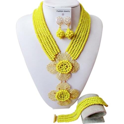 Modish opaque yellow african beads jewelry set crystal nigerian wedding necklace