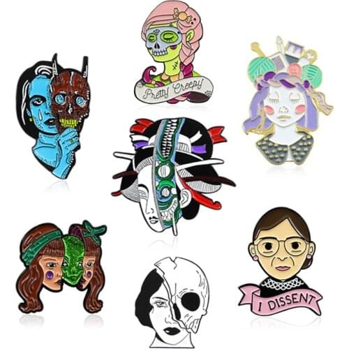 Fashion Blue Girl Monster Skull Masks Pin Brooch Japan Geisha Long Hair Woman Pin I DISSENT Ruth Bader Ginsburg Feminism Jewelry