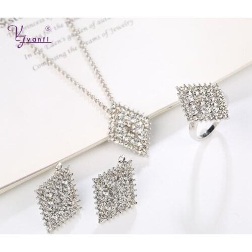 Kfvanfi Fashion Zinc Alloy White Gold Color Rhinestones Jewelry Earrings Necklace Pendant Ring Set For Women