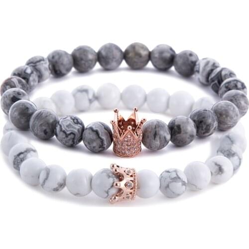 2021 Mens and Womens Couples Beaded Crown Charm Bracelet Set Bracelet Jewelry Natural Stone DIY Micro Zirconia Gift