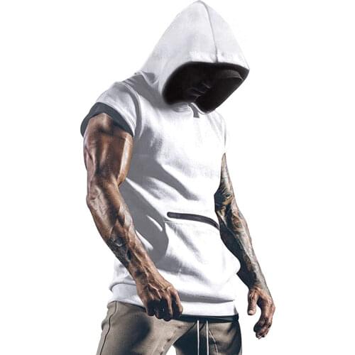 2021 Men Fashion Hooded Sports Vest Solid Color Summer Short Sleeves T-Shirt with Zipper and Patch Pocket for Boys
