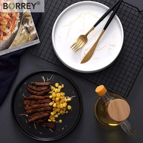 BORREY Ceramic Dinner Plates Nordic Style Black Marble Plate Set White Porcelain Dinnerware Set Sushi Dessert Steak Plate Dishes