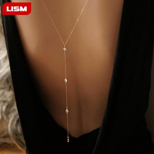 Sale Women Long Necklace Body Sexy Chain Bare Back Silver Color Crystal Pendant Chain Necklace Backdrop Beach Body jewelry
