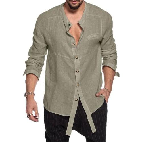 Plus Size Men Shirts Casual Solid Color Long Sleeve Stand Collar Single-breasted Shirt Tops camisas de hombre рубашка мужская