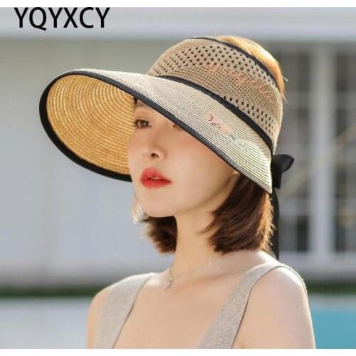 YQYXCY Hat Women Summer Empty Top Outdoor Sunscreen Folding Embroidered Sun Hat With Ribbon Bow Sunshade Beach Gorro Visor Cap