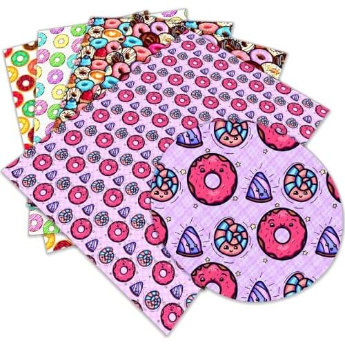 Donuts Cake Pattern Printed Synthetic Leather Fabric for Bows Faux Leather Sheets DIY Project Handmade Materials 22x30cm