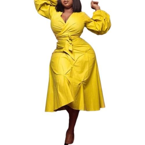 VITIANA Women Yellow Office Dress Summer 2021 Female Puff Sleeve V-Neck OL Dresses Femme Sexy Formal Vestidos Africa Clothes