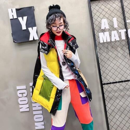 Top quality Winter vest women Glossy Splicing Bright zipper hooded waistcoat vest Autumn sleeveless cotton padded parka coat