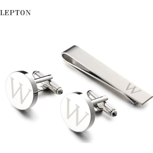 Lepton Letters Cufflinks & Tie Clips Set Silver Color Letters Of An Alphabet W Cufflinks For Mens Shirt Cuffs Cufflink Gemelos