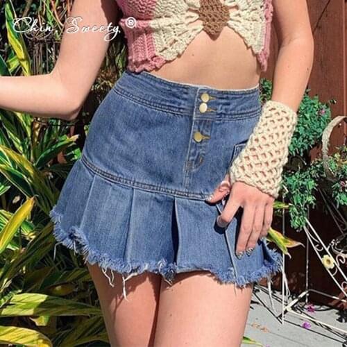 Womens High Waist Blue Pleated Mini Skirts 2021 Autumn Patchwork Ruched Buttons Slim Vitange Skirt Lady Sweet Fashion Clothes