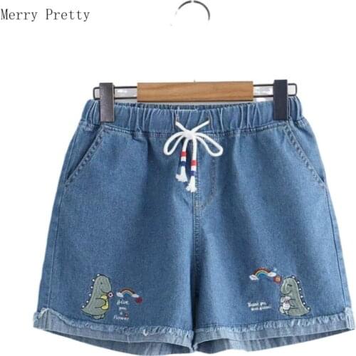 High Waist Dinosaur Cartoon Embroidery Denim Shorts For Women Vintage Sexy Pocket Shorts Jeans Denim Shorts Slim Hip Shorts