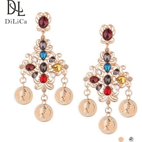 DiLiCa Trendy Bohemian Earrings for Women Alloy Coin Tassel Statement Earrings Female Crystal Big Earring Vintage oorbellen