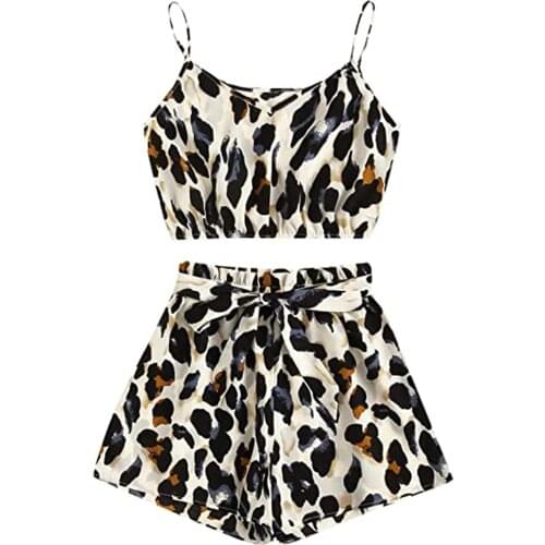 Women Fashion 2-piece Outfit Set Sleeveless Leopard Tops Shorts Set For Ladies Female Womens Crop Top Shorts Sets Summer Camis