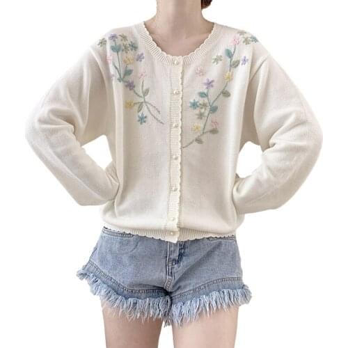Vintage Embroidery Cardigan Women Long Sleeve Knitted Sweater 2021 Korean Cute Floral Lightweight Crewneck Soft Button Down Tops