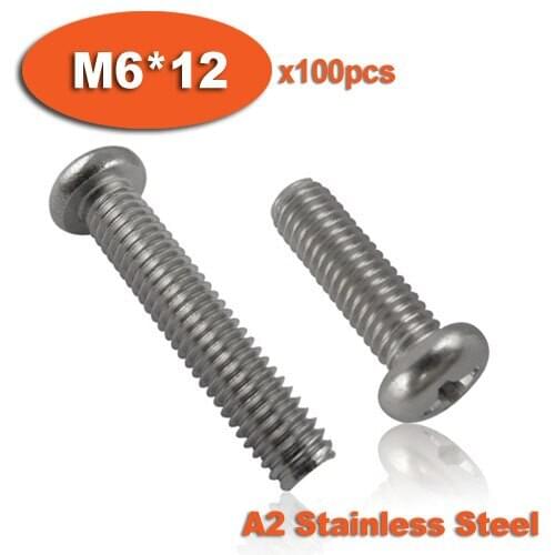 100pcs DIN7985 M6 x 12 A2 Stainless Steel Pan Head Phillips Screw Cross Recessed Raised Cheese Head Screws