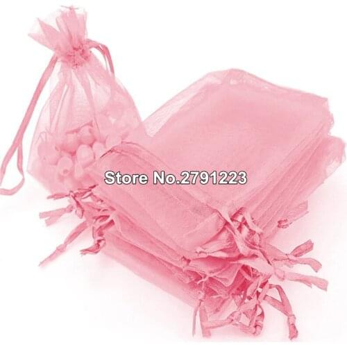 100Pcs Jewelry Bags Packing Drawable Pink Organza Bags 7x9 9x12 10x15 13x18 Gift Bags Sachet Organza Wedding Decor free ship