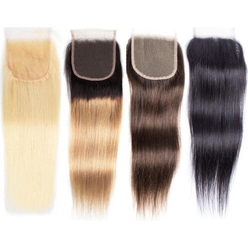 4x4 Transparent Lace Closure Straight Remy Human Hair 10-18 inch 1B 30 Ombre Auburn 27 Honey Blonde Dark Brown Black Color 613