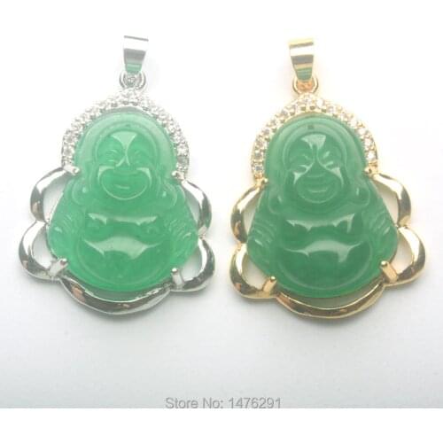 21X28MM Inlaid Stone Imitation Green Jades Carved Buddha Inlaid Zircon Amulet Buddhist Pendant 1PCS