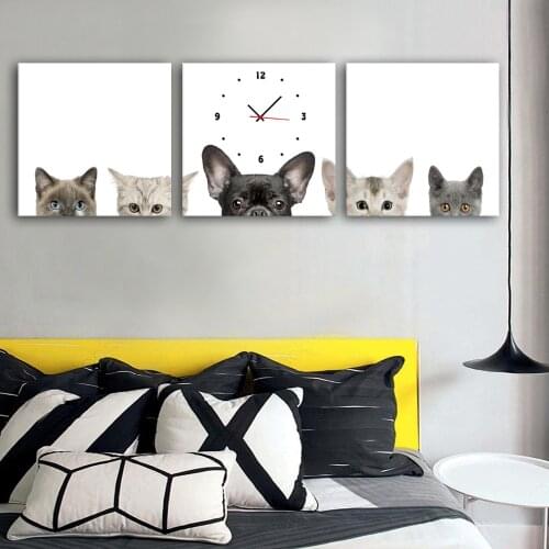 MINI SIZE Art Print Cats And Dogs Clock in Canvas 3pcs wall clock