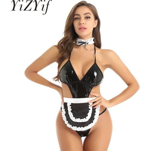 3Pcs Women Erotic Maid Cosplay Costume Outfit Sexy Thong Leotard Bodysuit With Apron And Choker Maid Uniform Roleplay Costumes