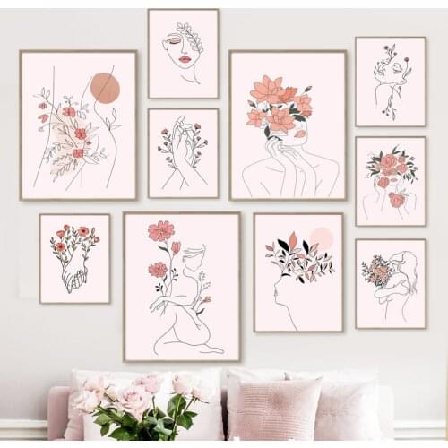 Abstract Sexy Woman Nude Lines Flowers Wall Art Prints Canvas Painting Nordic Posters And Pictures For Living Room Decoration
