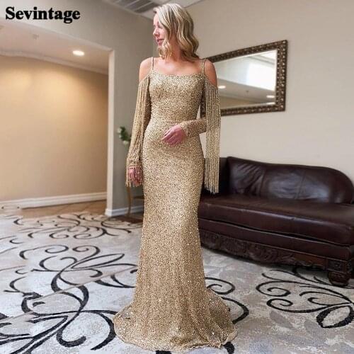 Sevintage Shiny Mermaid Sequined Evening Gowns Off the Shoulder Tassel Prom Dress Backless Long Sleeves Women Party Dresses
