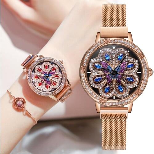 NAKZEN Woman Watches Rose Gold Luxury Watch Women Quartz Womens Wristwatch Diamond Peacock Turntable Magnetic Strap Clock