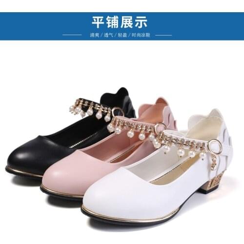 Spring Autumn Princess Kids Leather shoes high heels casual pearl bright diamond girls shoes for wedding / banquet / performance