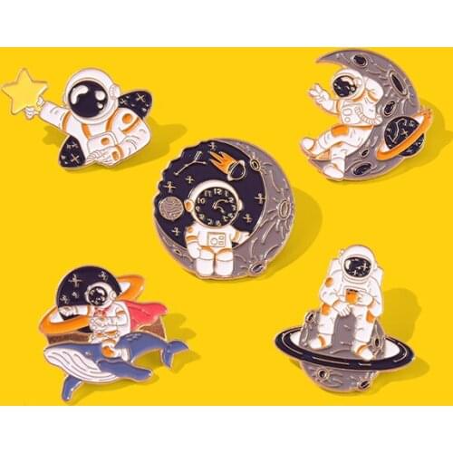 Cartoon Astronauts Enamel Pins Travel Universe Whale Stars Custom Brooches Accessories Backpack Badge Gift for Space Lover