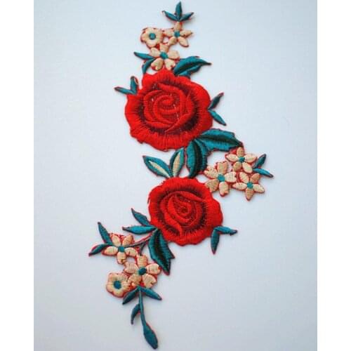 Red Embroidered Flower Embroidery Patch Vintage Floral Iron on Patches for Clothing Appliques Nature Badges for Woman Kids DIY