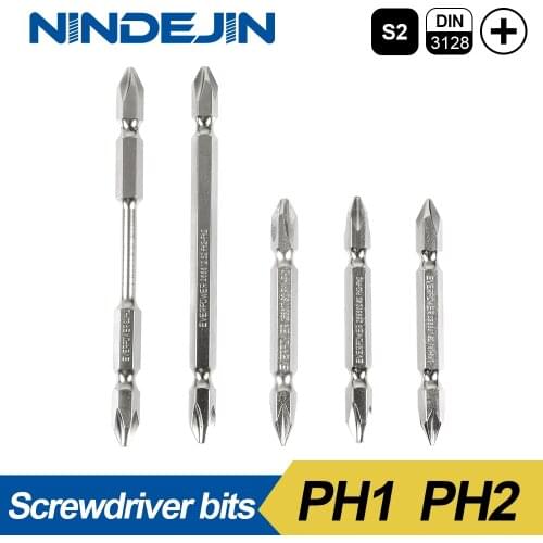 NINDEJIN 5pcs/set Double Phillips Screwdriver Bit Set 1/4" Hex Shank S2 Alloy Steel Magnetic Screwdriver Bits PH1 PH2 PZ1 PZ2