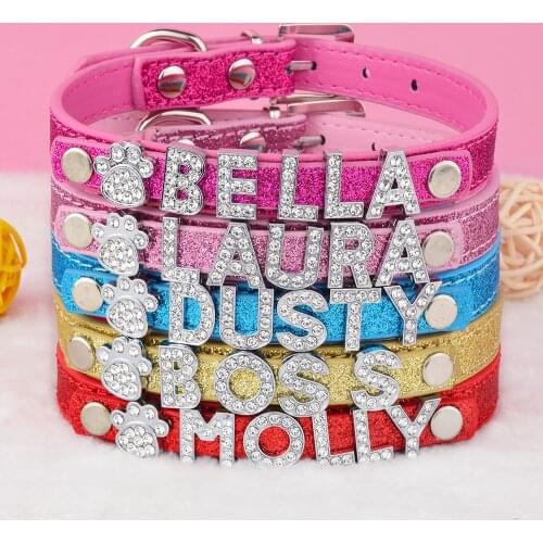 AiruiDog Bling Rhinestone DIY Dog Cat Faux Leather Collar Small Puppy Pet Name Personalized Puppy Collar Christmas Gift