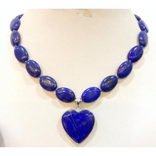 Natural New13x18mm lapis lazuli oval & love pendant necklace 18 "