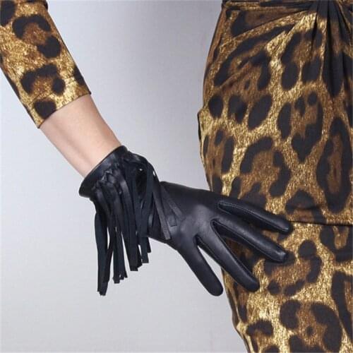 Touchscreen Gloves Genuine Leather Pure Imported Goatskin Black Female Fringe Western Cowboy Punk Rock Woman Gloves TB98