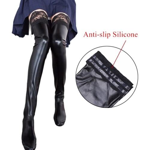 S - XXL Plus Size Latex Stockings Sexy Lace Top Silicone Hold Up Thigh High Stockings Women Gothic Punk Faux Leather Pantyhose