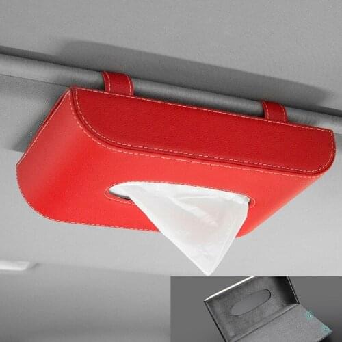 Universal Car Red Leather Sun Visor Type Tissue Box Auto Holder Removable Paper Napkin Box Tissue Bag