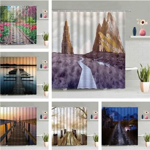 Mountain Path Shower Curtain Forest Castle Flower Road Scenery Bathroom Screen Home Decor Waterproof Wall Hanging Curtains Set