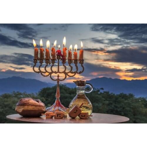 Sunset Glow Backdrops For Photo Studio Happy Hanukkah Nine Branch Lampstand Photography Backgrounds Custom Banner