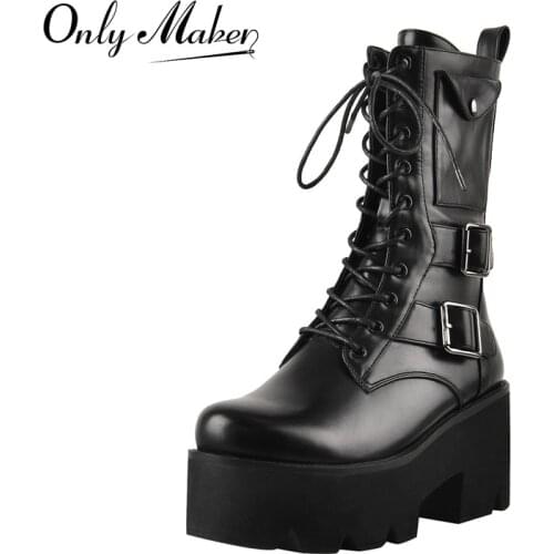 Onlymaker Womens Lace-Up Platform Boots Matte Black Buckles Pocket Decoration Chunky High Heel Ankle Booties Zipper Fashion