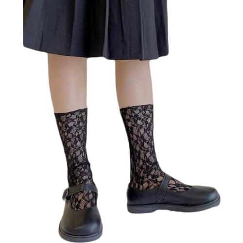 U90E Women Girls Vintage Floral Lace Jacquard Calf Socks Japanese Lolita Maid Kawaii Sexy See-Through Hollow Out Mesh Princess